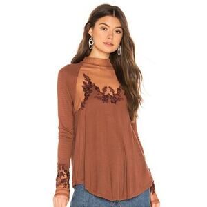 Free People Saheli Tunic Top Embroidered Mesh Boho Brown Hi Low Size S.